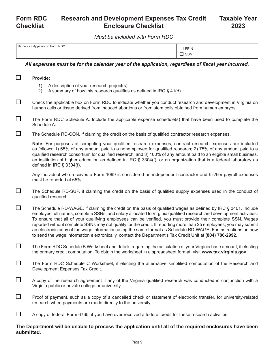 Form RDC Application for Research and Development Expenses Tax Credit - Virginia, Page 9