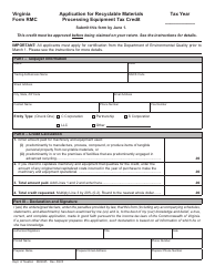 Document preview: Form RMC Application for Recyclable Materials Processing Equipment Tax Credit - Virginia