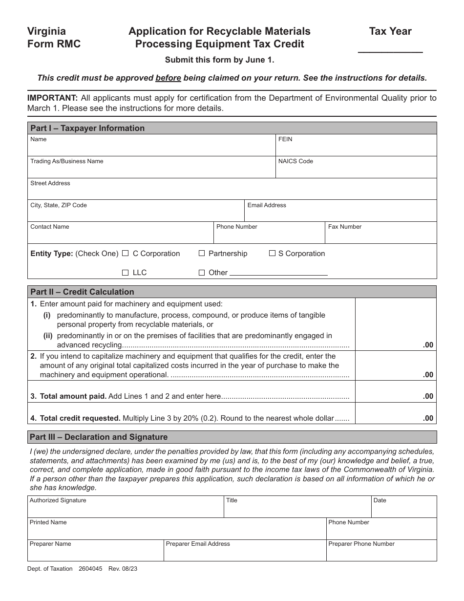 Form RMC Application for Recyclable Materials Processing Equipment Tax Credit - Virginia, Page 1