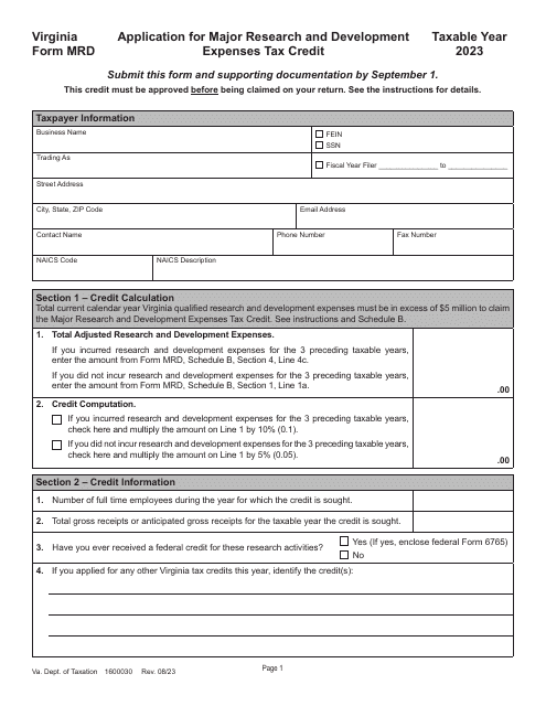Form MRD Application for Major Research and Development Expenses Tax Credit - Virginia, 2023