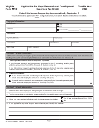 Form MRD Application for Major Research and Development Expenses Tax Credit - Virginia