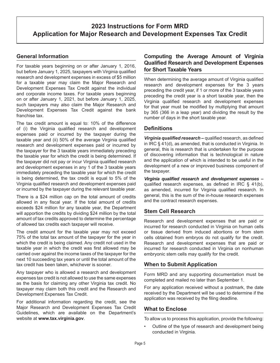 Form MRD Application for Major Research and Development Expenses Tax Credit - Virginia, Page 5
