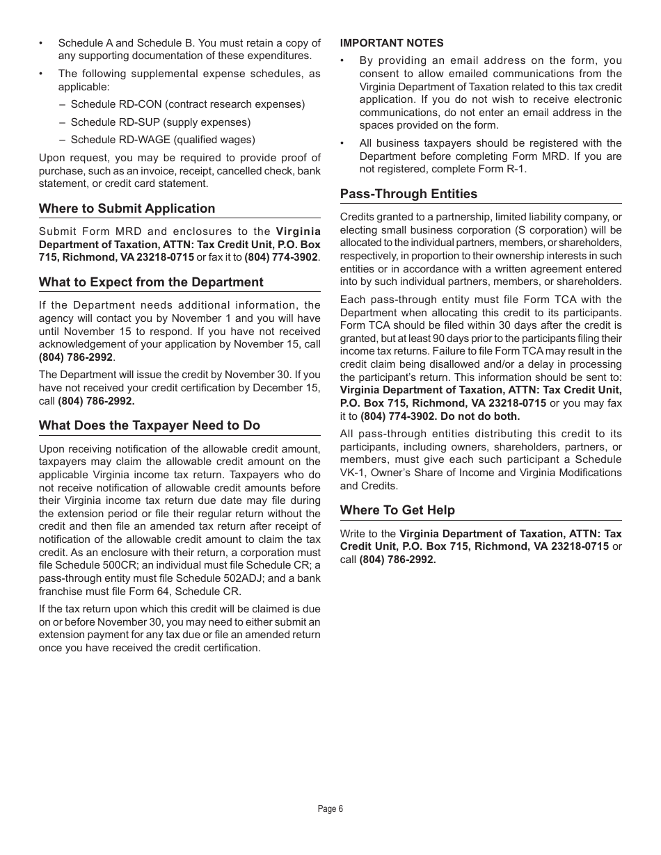 Form MRD Application for Major Research and Development Expenses Tax Credit - Virginia, Page 6