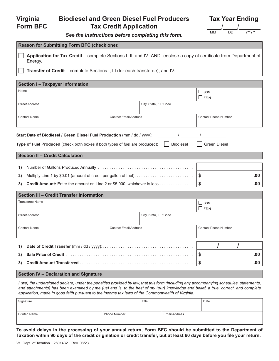 Form BFC Biodiesel and Green Diesel Fuel Producers Tax Credit Application - Virginia, Page 1