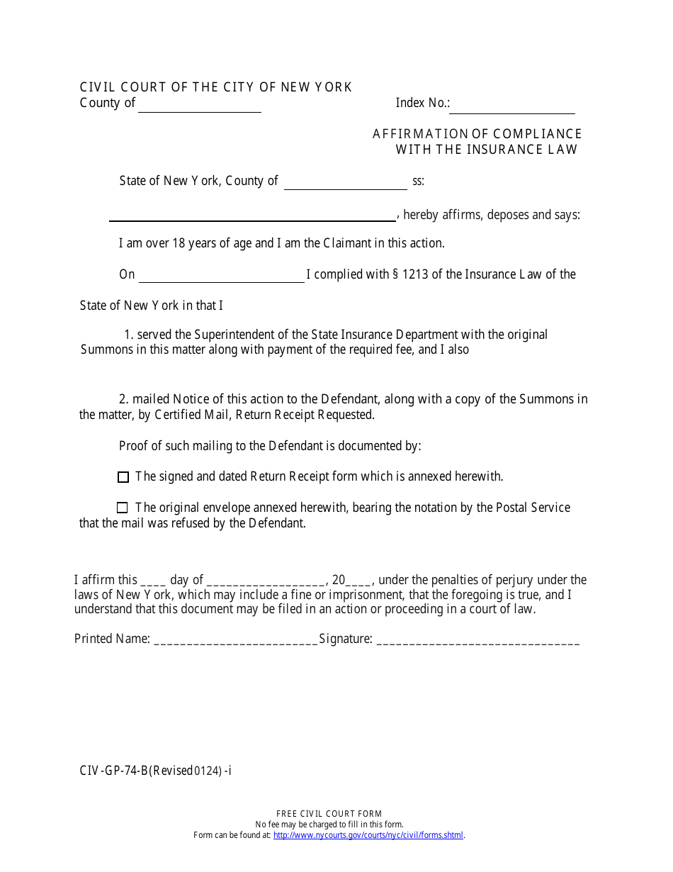 Form CIV-GP-74-B Affirmation of Compliance With the Insurance Law - New York City, Page 1