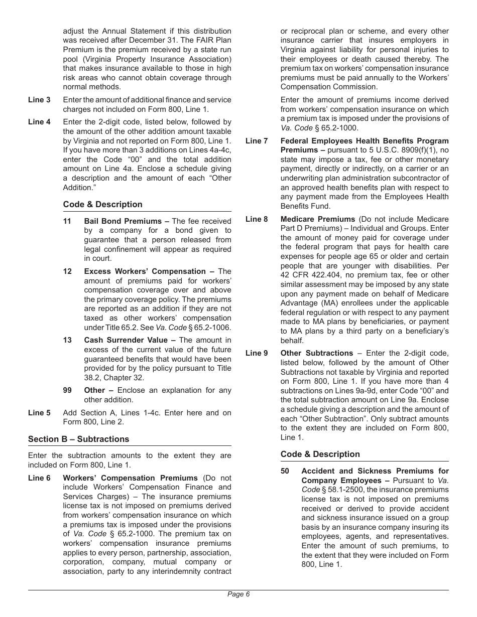 Instructions for Form 800 Virginia Insurance Premiums License Tax Return - Virginia, Page 10