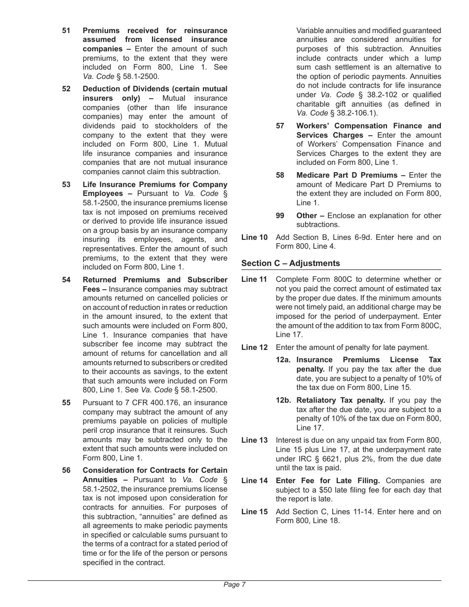 Instructions for Form 800 Virginia Insurance Premiums License Tax Return - Virginia, Page 11