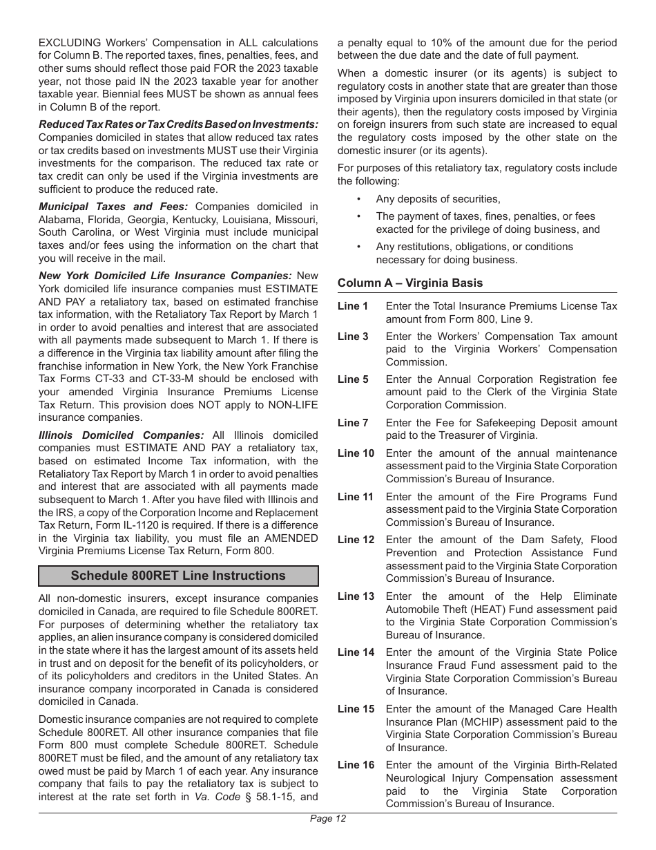 Instructions for Form 800 Virginia Insurance Premiums License Tax Return - Virginia, Page 16