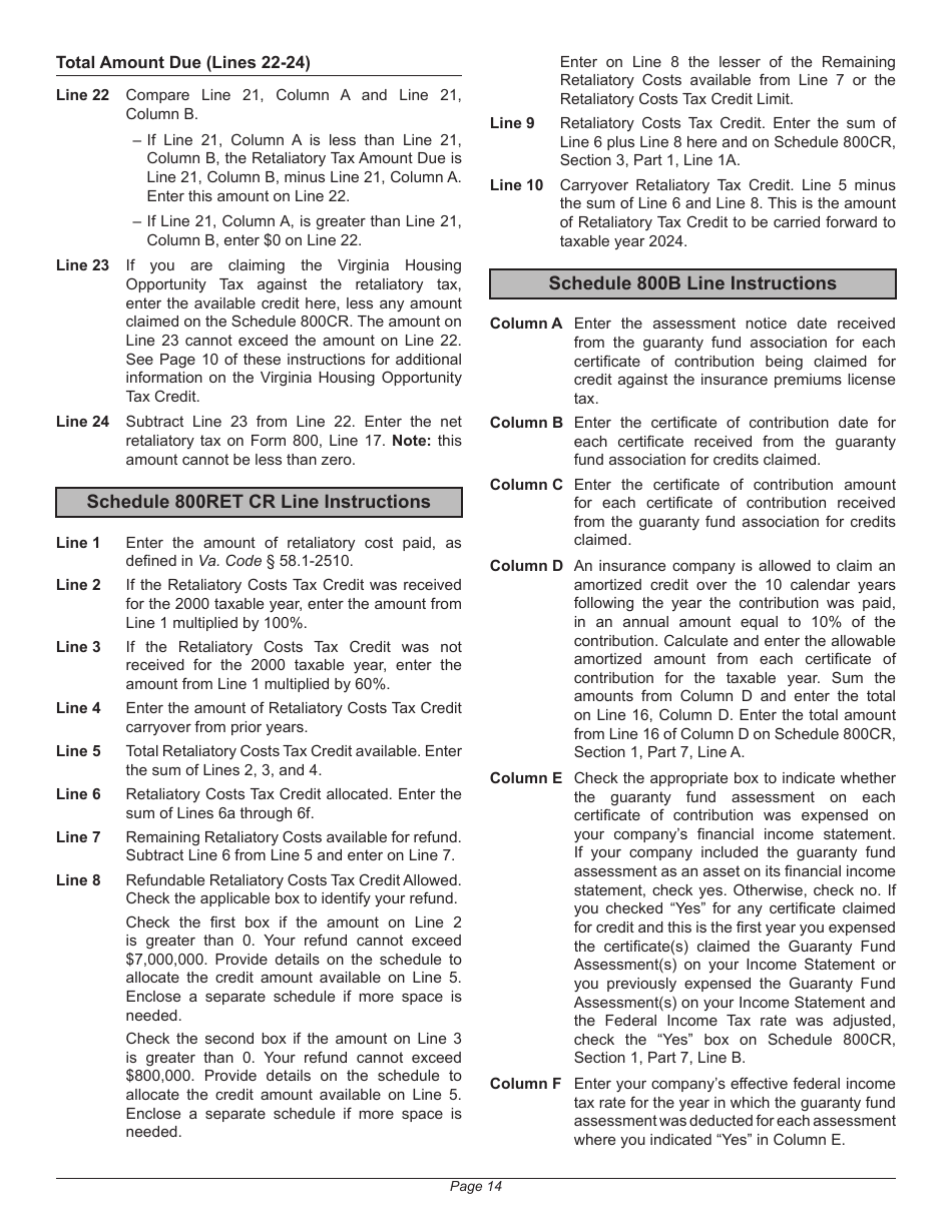 Instructions for Form 800 Virginia Insurance Premiums License Tax Return - Virginia, Page 18