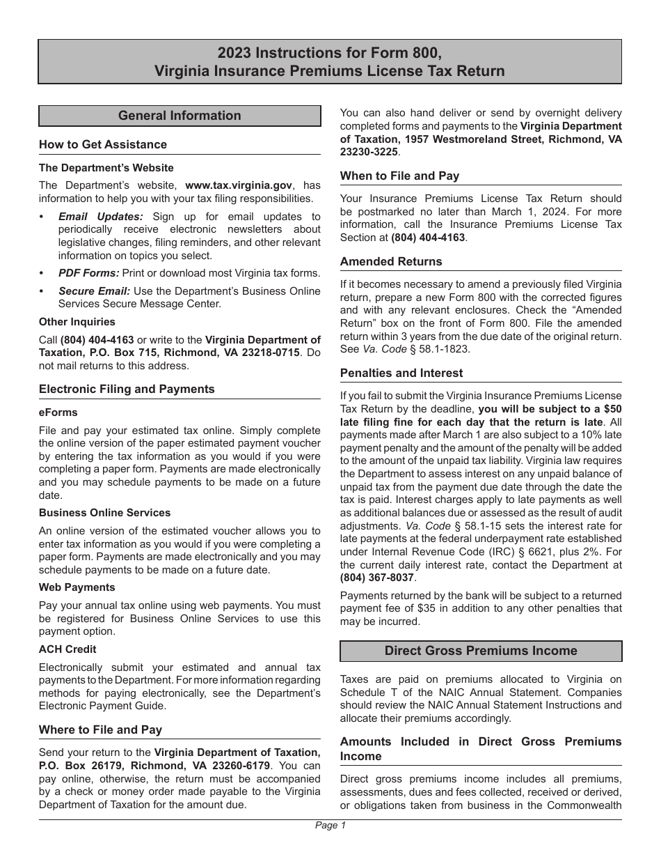 Instructions for Form 800 Virginia Insurance Premiums License Tax Return - Virginia, Page 5