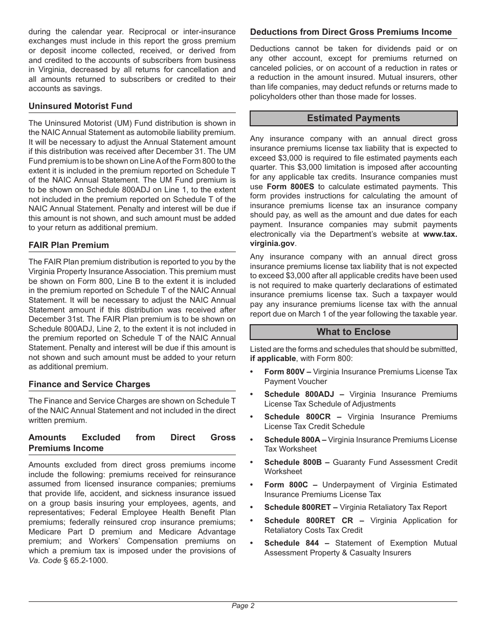 Instructions for Form 800 Virginia Insurance Premiums License Tax Return - Virginia, Page 6