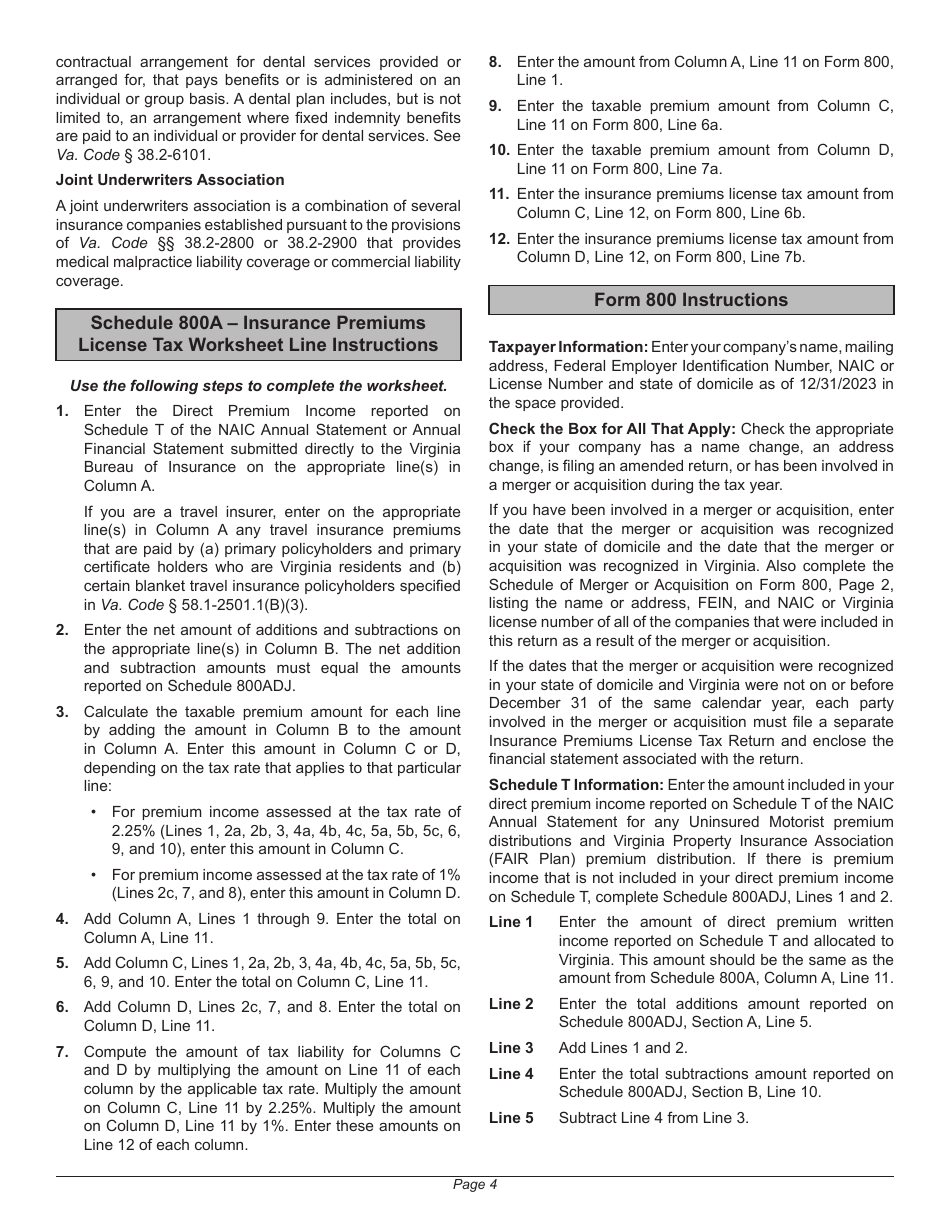 Instructions for Form 800 Virginia Insurance Premiums License Tax Return - Virginia, Page 8