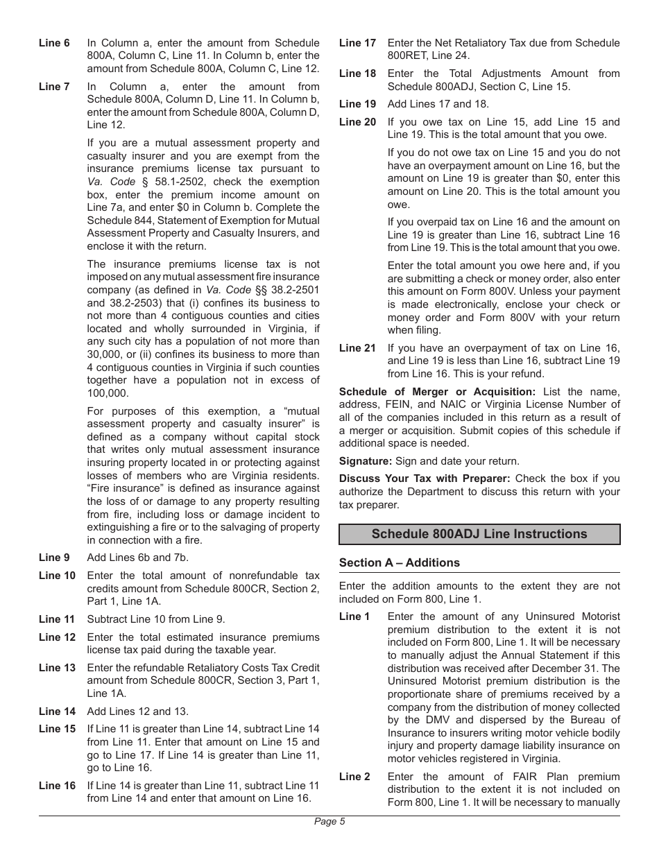 Instructions for Form 800 Virginia Insurance Premiums License Tax Return - Virginia, Page 9
