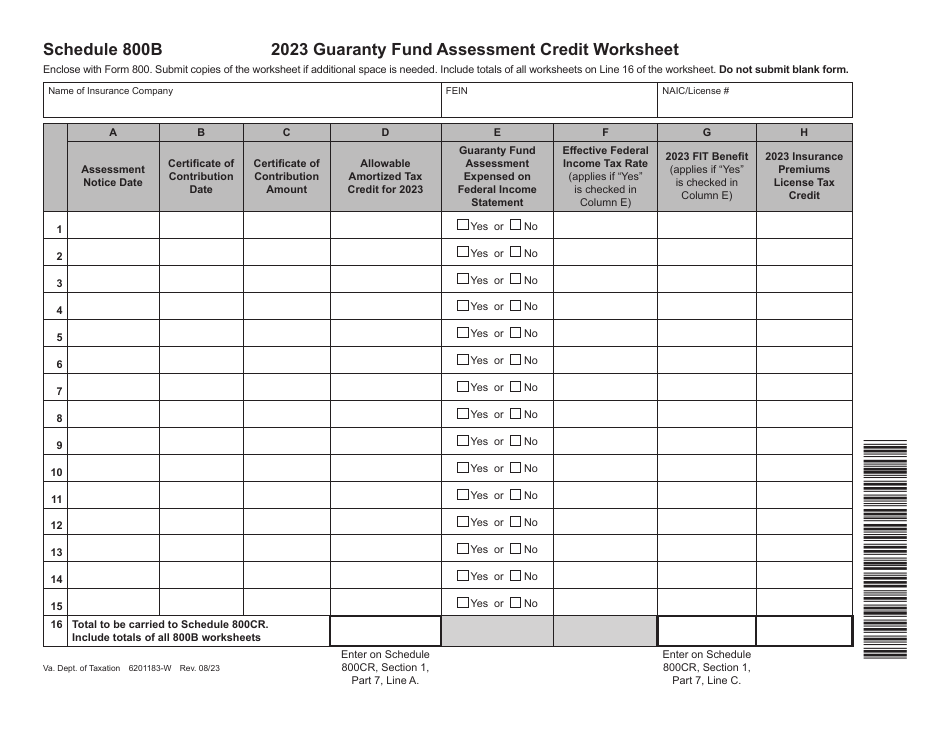 Schedule 800B Guaranty Fund Assessment Credit Worksheet - Virginia, Page 1