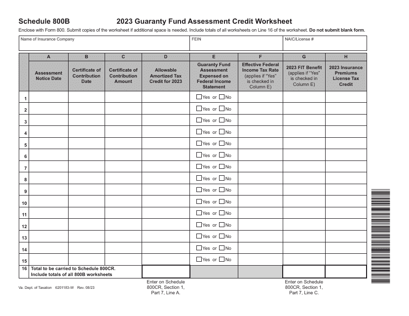 Schedule 800B Guaranty Fund Assessment Credit Worksheet - Virginia, 2023