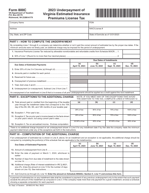 Form 800C Underpayment of Virginia Estimated Insurance Premiums License Tax - Virginia, 2023