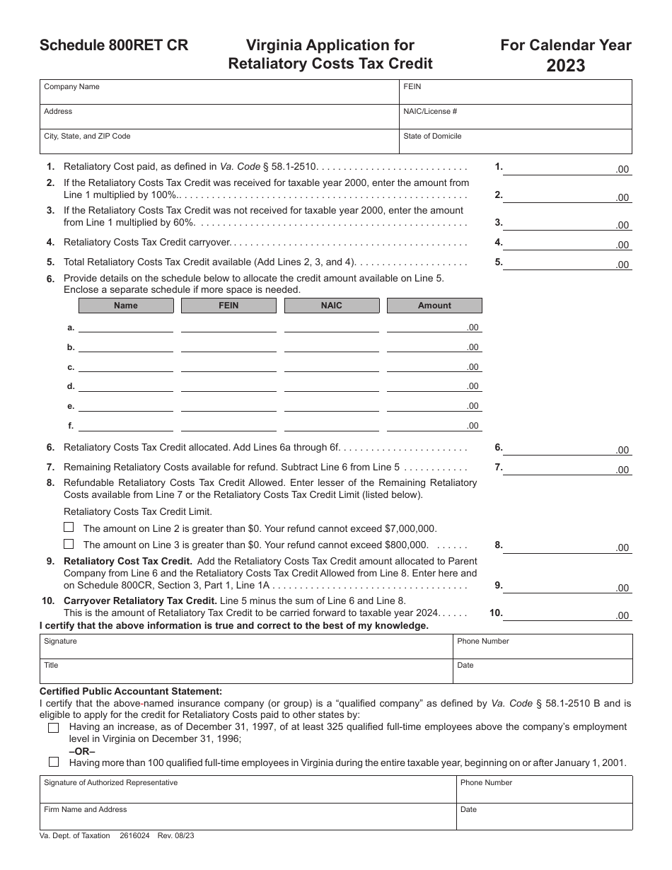 Schedule 800RET CR Virginia Application for Retaliatory Costs Tax Credit - Virginia, Page 1