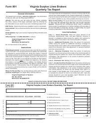 Document preview: Form 801 Virginia Surplus Lines Brokers Quarterly Tax Report - Virginia