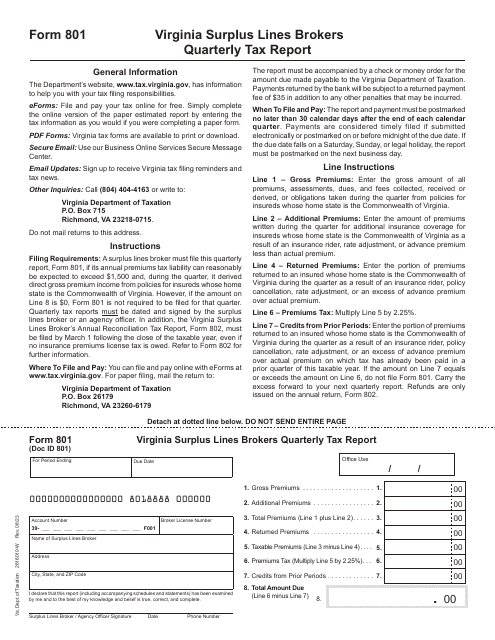 Form 801 Virginia Surplus Lines Brokers Quarterly Tax Report - Virginia