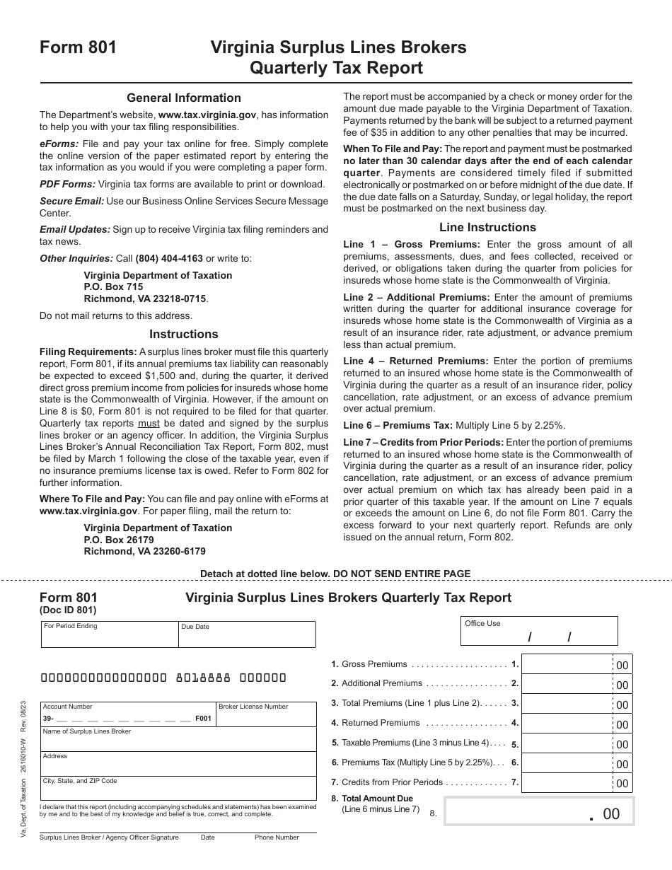 Form 801 Virginia Surplus Lines Brokers Quarterly Tax Report - Virginia, Page 1
