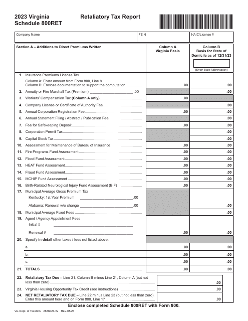 Schedule 800RET Retaliatory Tax Report - Virginia, 2023