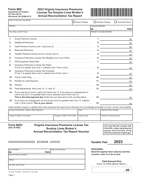 Form 802 Virginia Insurance Premiums License Tax Surplus Lines Broker's Annual Reconciliation Tax Report - Virginia, 2023