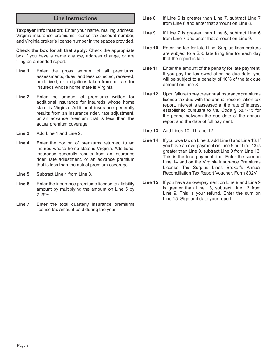 Form 802 Virginia Insurance Premiums License Tax Surplus Lines Brokers Annual Reconciliation Tax Report - Virginia, Page 3