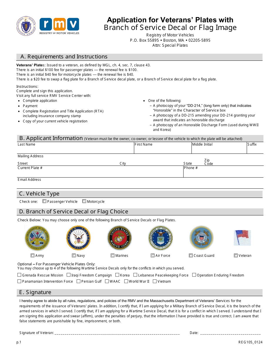 Form REG105 Application for Veterans Plates With Branch of Service Decal or Flag Image - Massachusetts, Page 1