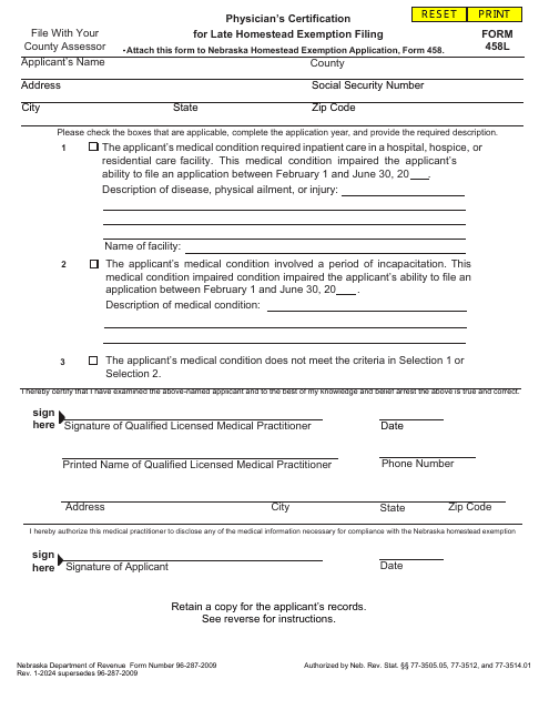 Form 458L Physician's Certification for Late Homestead Exemption Filing - Nebraska