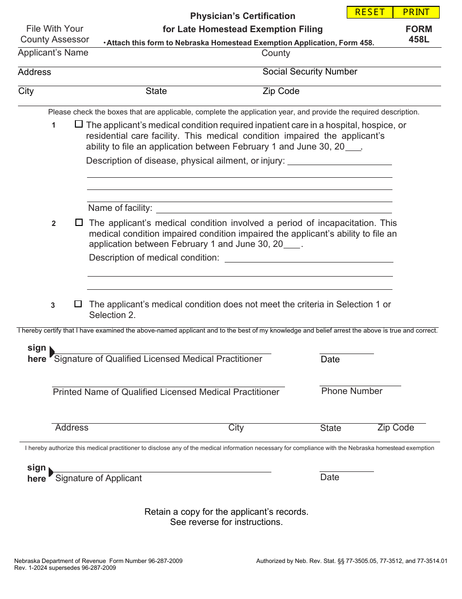 Form 458L Physicians Certification for Late Homestead Exemption Filing - Nebraska, Page 1
