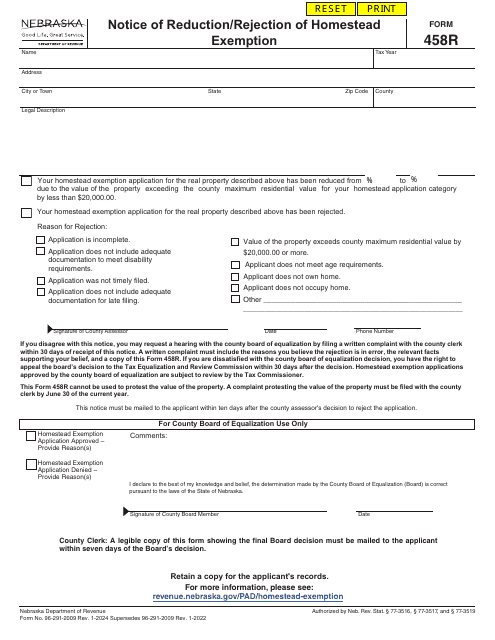 Form 458R Notice of Reduction/Rejection of Homestead Exemption - Nebraska