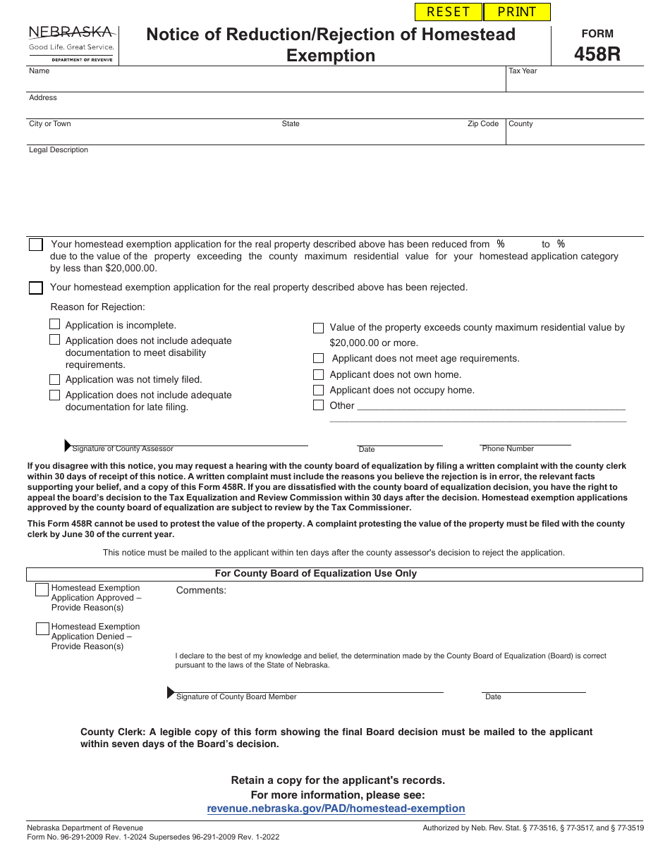 Form 458R Download Fillable PDF or Fill Online Notice of Reduction