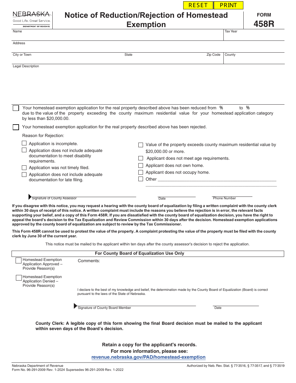 Form 458R Notice of Reduction / Rejection of Homestead Exemption - Nebraska, Page 1