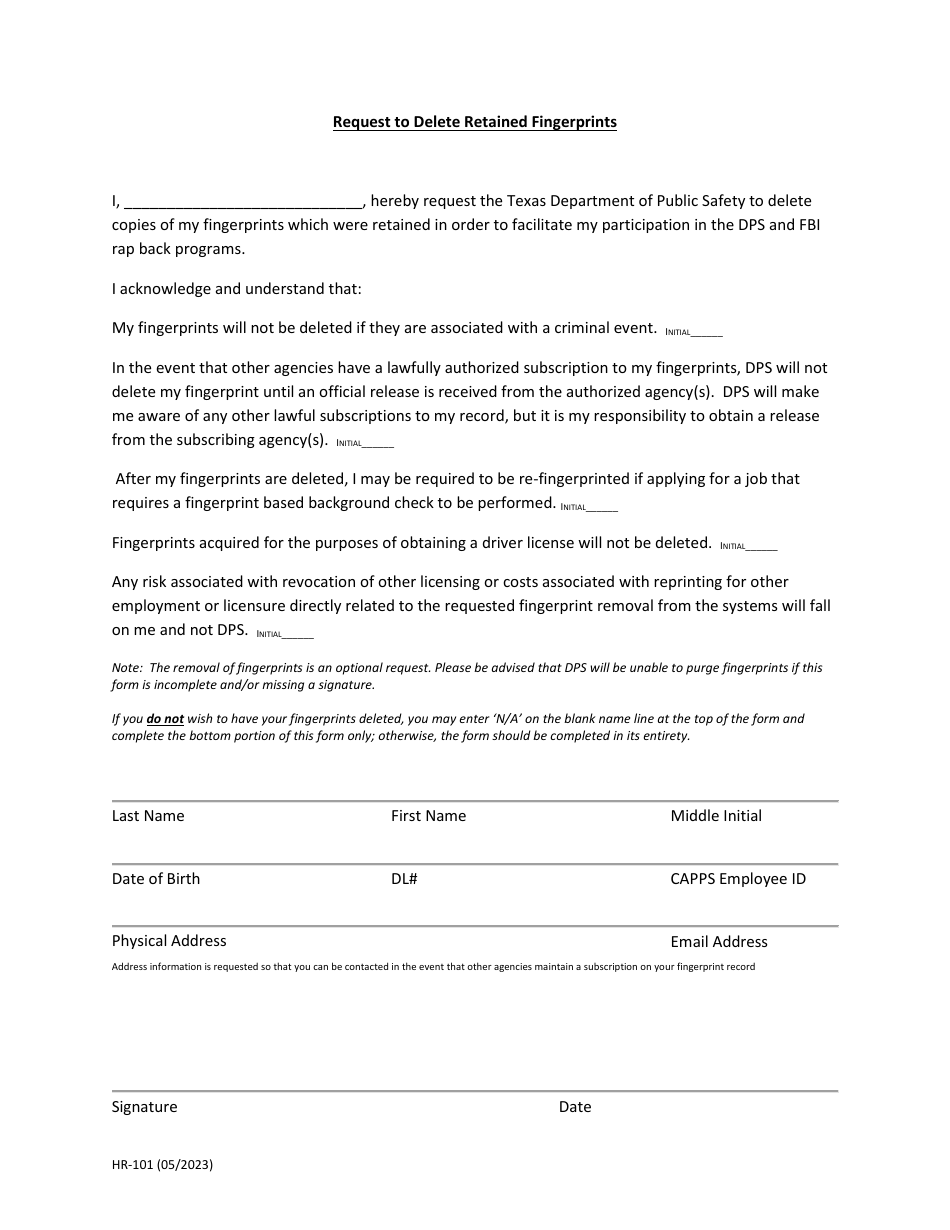 Form HR-101 Request to Delete Retained Fingerprints - Texas, Page 1