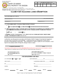 Document preview: RP Form 19-89.5 Claim for Kuleana Land Exemption - County of Hawaii, Hawaii