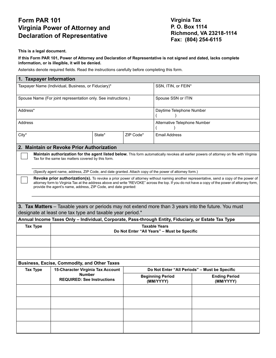 Form PAR101 Virginia Power of Attorney and Declaration of Representative - Virginia, Page 1