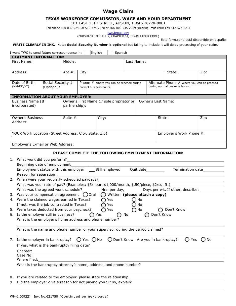 Form WH-1 - Fill Out, Sign Online and Download Fillable PDF, Texas ...