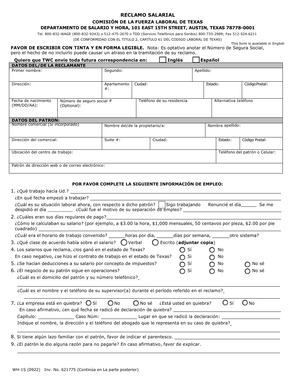 Formulario WH-1S Reclamo Salarial - Texas (Spanish), Page 3