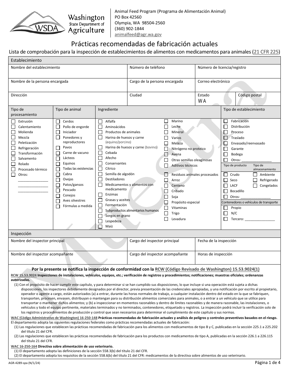 Formulario AGR-4289-SPA Practicas Recomendadas De Fabricacion Actuales - Lista De Comprobacion Para La Inspeccion De Establecimientos De Alimentos Con Medicamentos Para Animales - Sample - Washington (Spanish), Page 1