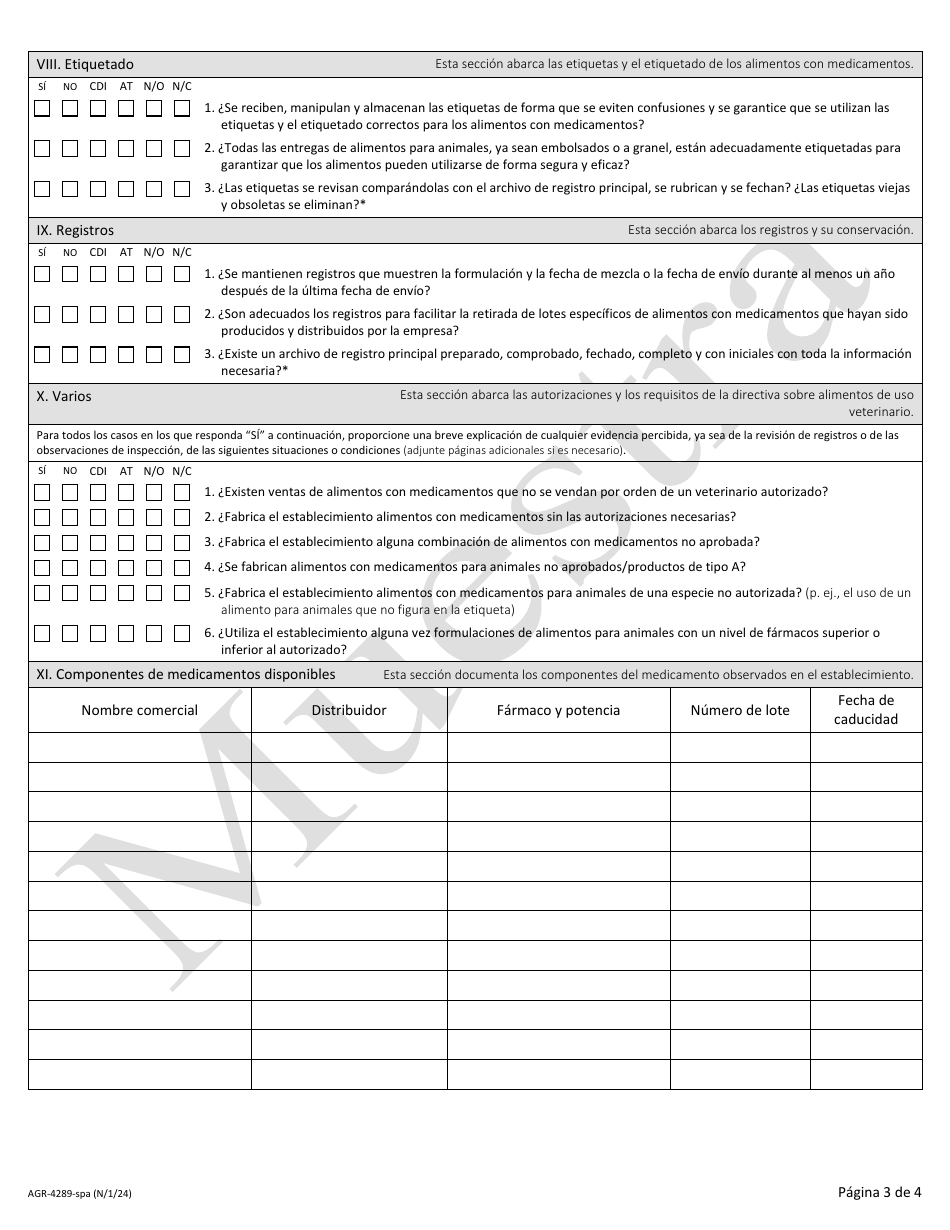 Formulario AGR-4289-SPA Practicas Recomendadas De Fabricacion Actuales - Lista De Comprobacion Para La Inspeccion De Establecimientos De Alimentos Con Medicamentos Para Animales - Sample - Washington (Spanish), Page 3