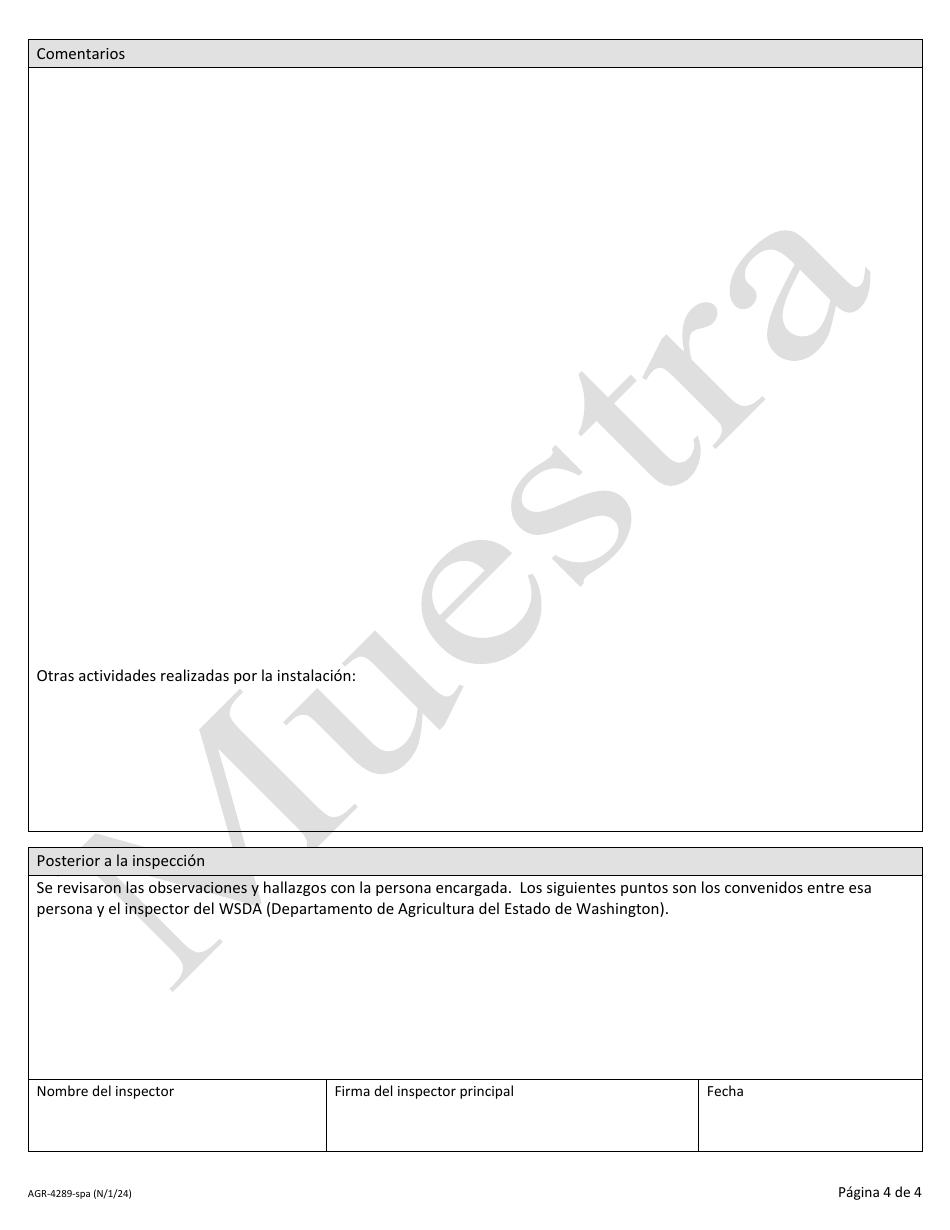 Formulario AGR-4289-SPA Practicas Recomendadas De Fabricacion Actuales - Lista De Comprobacion Para La Inspeccion De Establecimientos De Alimentos Con Medicamentos Para Animales - Sample - Washington (Spanish), Page 4