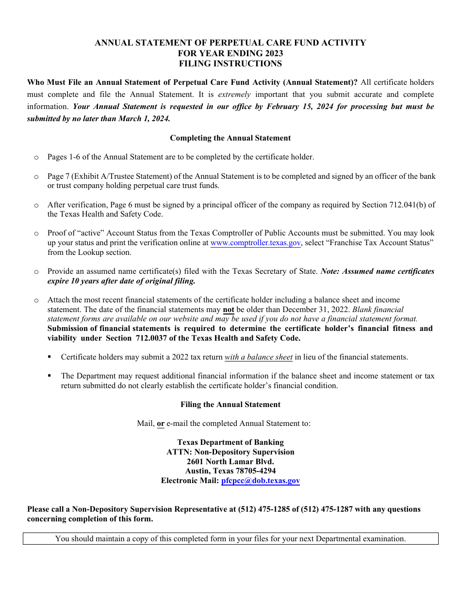 Annual Statement of Perpetual Care Fund Activity - Texas, Page 1