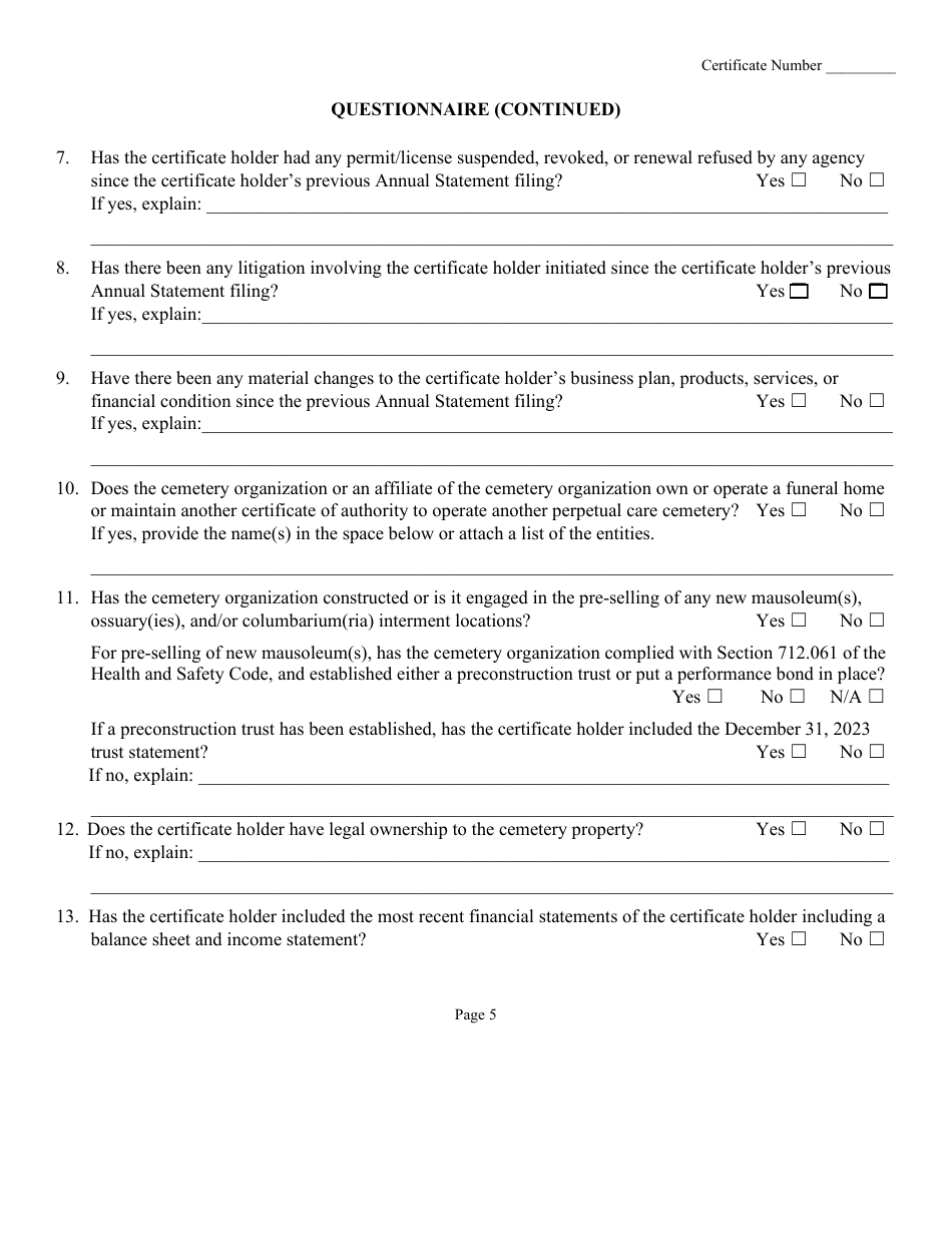 Annual Statement of Perpetual Care Fund Activity - Texas, Page 6