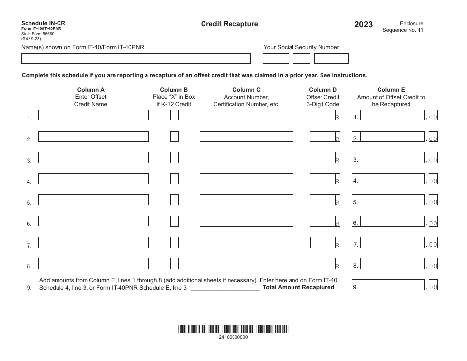 Form IT-40 (IT-40PNR; State Form 56680) Schedule IN-CR Credit Recapture - Indiana, Page 1