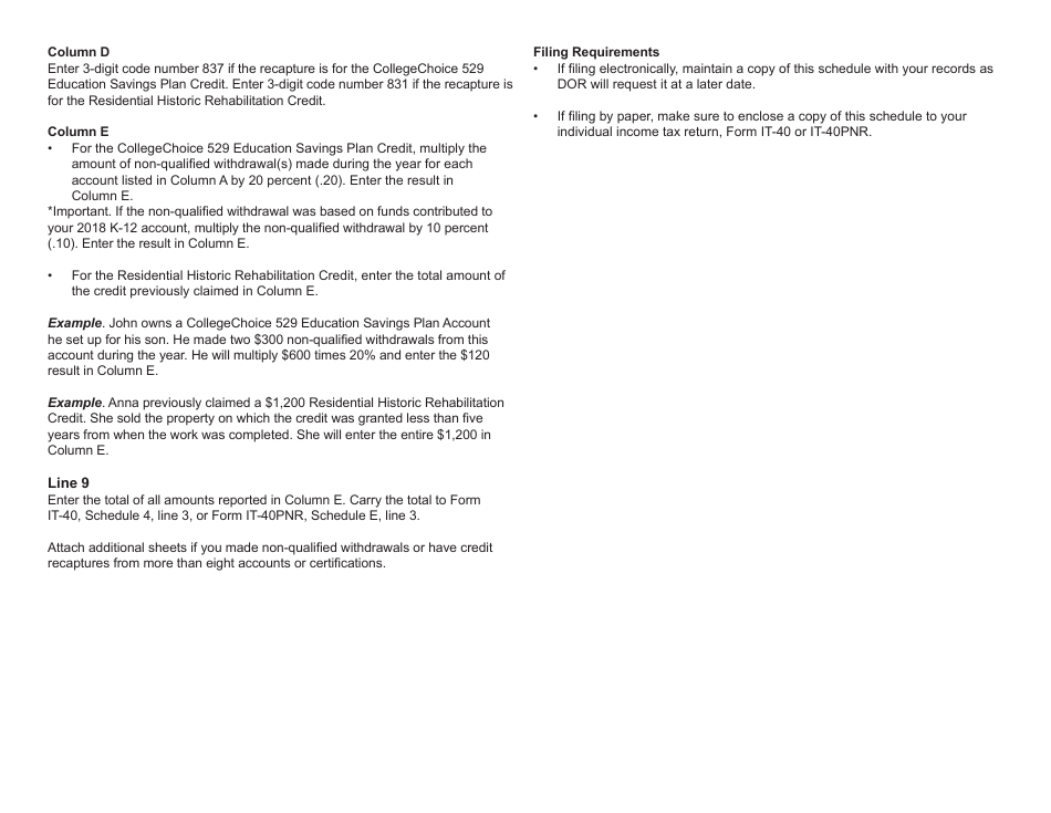 Form IT-40 (IT-40PNR; State Form 56680) Schedule IN-CR Credit Recapture - Indiana, Page 3
