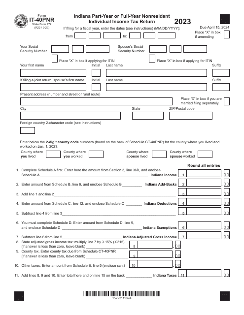 Form IT-40PNR (State Form 472) 2023 Printable Pdf