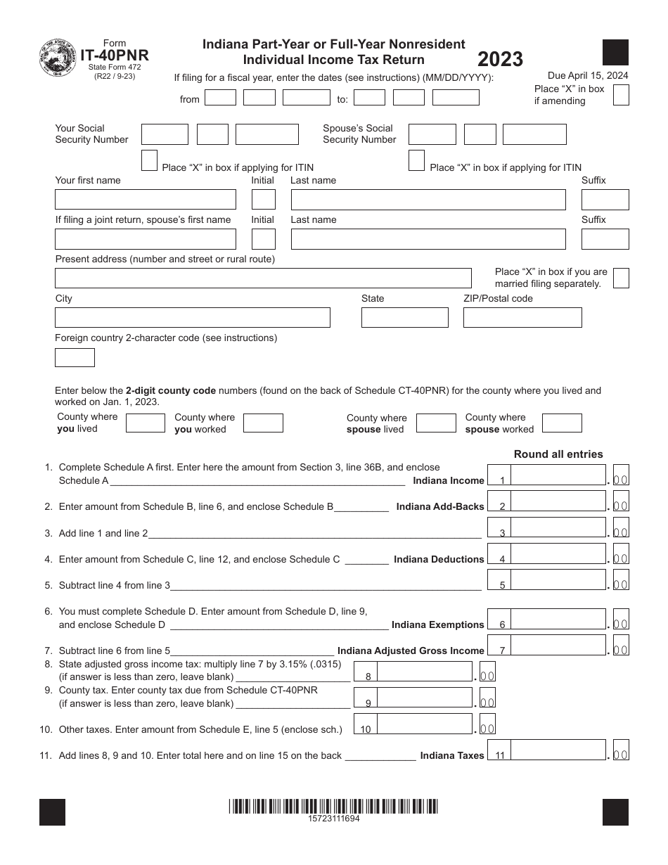 Form IT40PNR (State Form 472) Download Fillable PDF or Fill Online