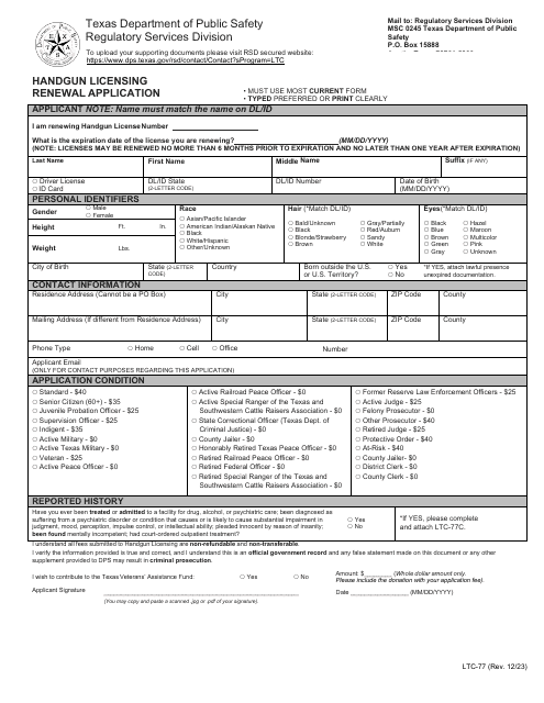 Form LTC-77 Handgun Licensing Renewal Application - Texas