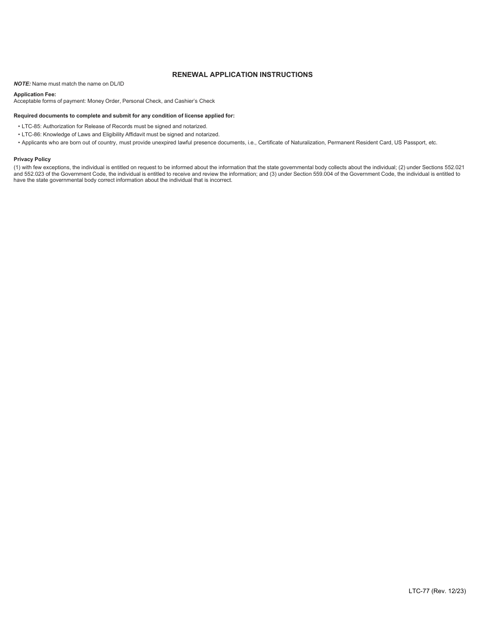 Form LTC-77 Handgun Licensing Renewal Application - Texas, Page 2