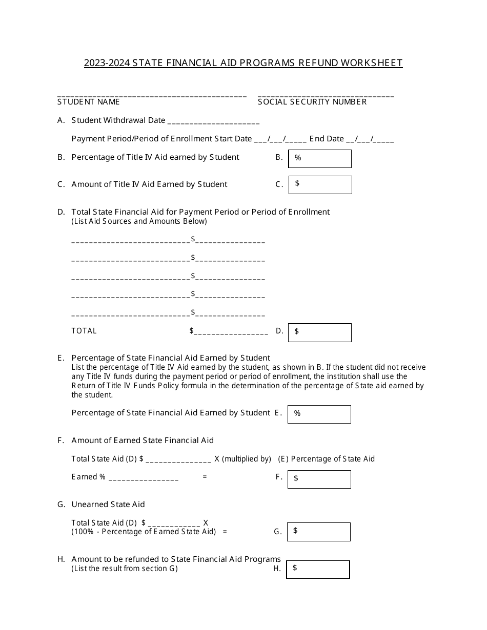 State Financial Aid Programs Refund Worksheet - Massachusetts, Page 1